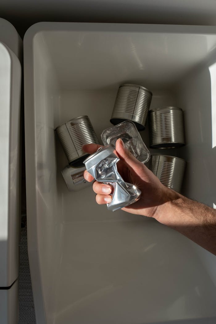 A hand crushes an aluminum can over a bin filled with cans, promoting recycling.
